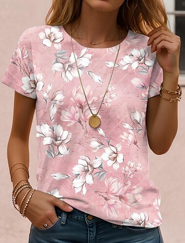  Dames T-shirt Bloemig Casual Korte mouw Ronde hals Normale tops Dagelijks Afdrukken Wit Geel Blozend Roze Paars Groen Zomer