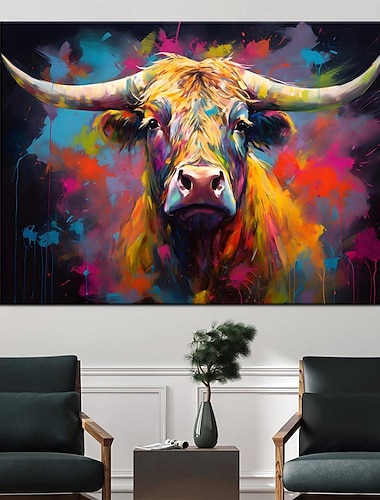  Pintura al óleo de vaca abstracta colorida vibrante pintada a mano sobre lienzo Pintura al óleo de animales de granja rústica pintada a mano decoración de pared de arte pop colores brillantes pintura