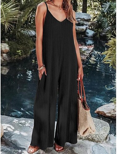  Damen Normal Jumpsuit Strassenmode Feste Farbe Ärmellos V Ausschnitt Rückenfrei Strasse Täglich Regular Fit Schwarz Weiß Wein Sommer