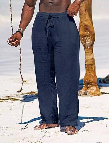  رجالي سروال الكتان بنطلونات السراويل الصيفية سروال الشاطئ جيب رباط مرونة الخصر سهل راحة متنفس مناسب للبس اليومي مناسب للعطلات عطلة ستايل هاواي بوهو أسود أبيض