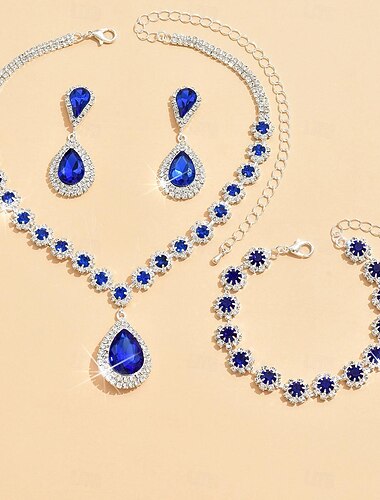  مجموعة مجوهرات 4PCS حجر الراين سبيكة أقراط القلائد سوار نسائي أنيق بسيط ترف هندسي هندسي مجموعة مجوهرات من أجل الذكرى السنوية ضيف حفل زفاف مناسبة خاصة