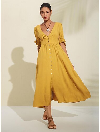  Gelbes Midi-Teekleid aus Leinenmischung mit Schleifendetail für Damen