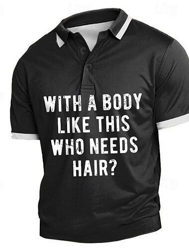  Polo Masculina Engraçada Humor Calvo Manga Curta Gráfica - 'Com um Corpo Assim Quem Precisa de Cabelo?'