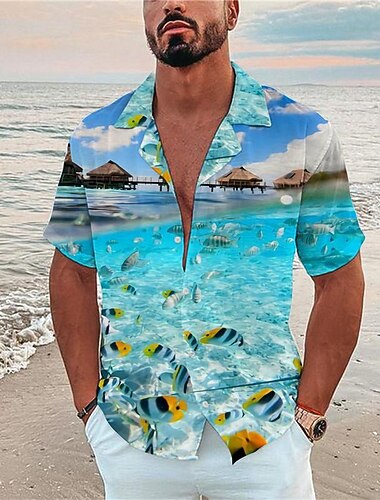  Voor heren Tropisch Vissen Onderwaterwereld Overhemd Hawaiiaans overhemd Kampshirt Korte mouw Overhemd Strijkijzer Modieus Ontwerper Casual Buiten Straat Casual Zee blauw Marineblauw Marine Blauw