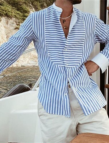  Ανδρικά Πουκάμισο Καλοκαιρινό πουκάμισο Casual πουκάμισο Πουκάμισο παραλίας Πουκάμισο με κουμπιά Πουκάμισο Henley Θαλασσί Μακρυμάνικο Ριγέ γιακά του παππού Χένλι Διακοπές Αργίες Κουμπί-Κάτω Ρούχα