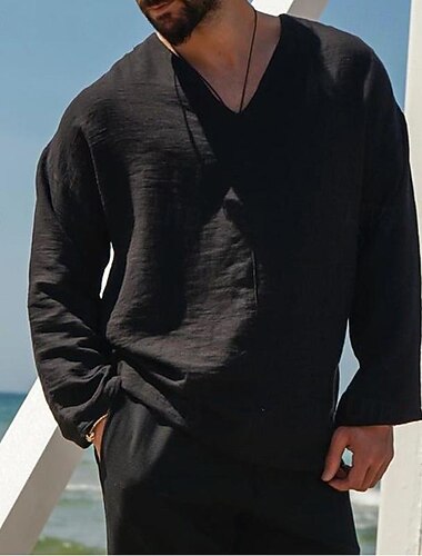  Hombre Camisa Camisa de lino Camisa de algodón blanca Camisa de verano Camisa de playa Camisa de lino y algodón Plano Vacaciones Festivos Negro Blanco Caqui Manga Larga Escote en Pico Primavera