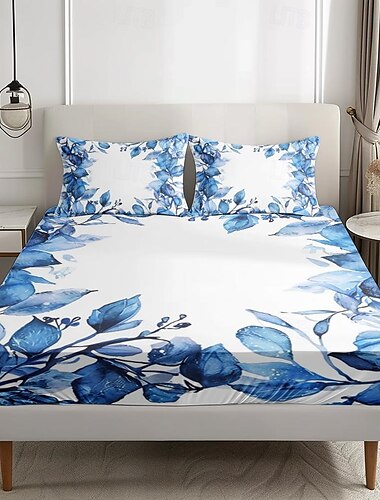  Spannbettlaken-Set mit floralem Frühlingsmuster, ultraweich, atmungsaktiv, seidig, mit tiefen Taschen, 100 % Baumwolle, 3-teilig, Queen-Size-Bett