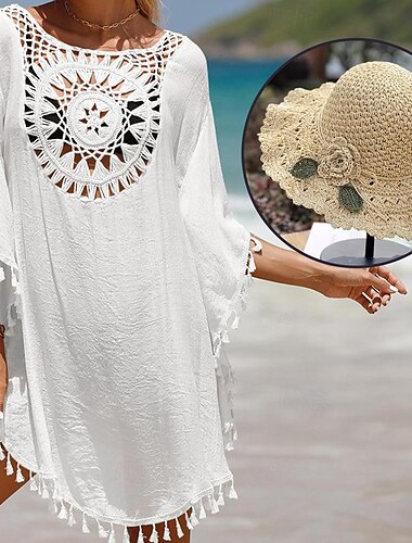  Damen Passende Sets Sommerkleid Cover-Up Strandkleid Hüte Outfit 2St Strandbekleidung Urlaub Glatt Festtage Kurzarm Sommer Quaste Ausgeschnitten Gehäkelt