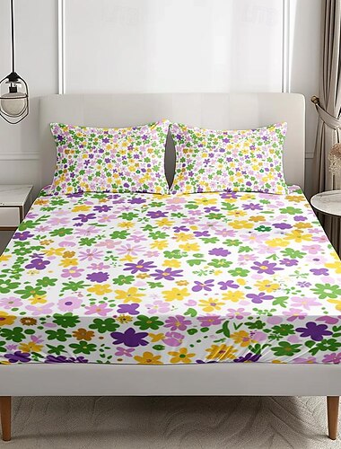  Frühlings-Spannbettlaken-Set mit Blumenmuster, ultraweich, atmungsaktiv, 100 % Baumwolle, seidige Bettwäsche, tiefe Taschen, 3-teiliges Queen-King-Size-Bett