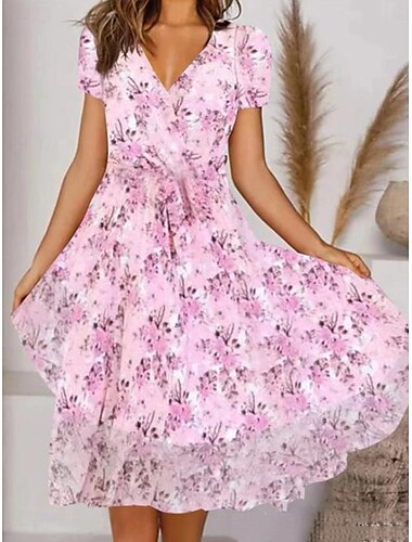  Damen Midikleid Freizeitkleid Schwingkleid A Linie Kleid Sommerkleid Streetwear A-Linie Urlaub Straße Ferien Normale Passform Blumen Kurzarm V Ausschnitt Rosa Blau Leicht Blau Sommer