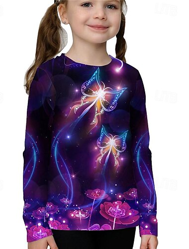  女の子 3D 動物 バタフライ Tシャツ 長袖 3Dプリント 春 秋 冬 活発的 スポーツ ファッション 子供 3〜12年 アウトドア 日常 屋内 レギュラー