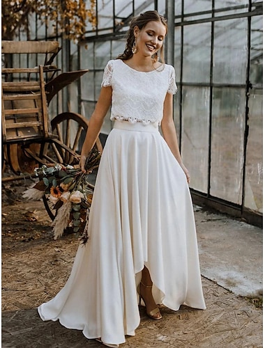  Little White Dresses Wedding Dresses Two Piece Boat Neck Cap Sleeve Asymmetrical Lace Bridal Suits Bridal Gowns With Solid Color 2024