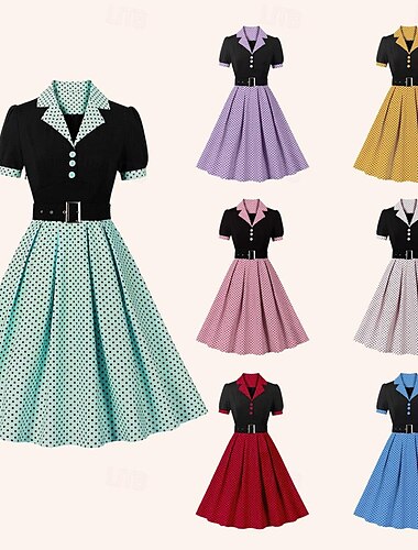  Ретро 1950-е года Платья Платье A-Line Качели Платье Горошек Отложной Жен. Свидание Девичник Взрослые Платье Платья для выпускного вечера Лето Весна