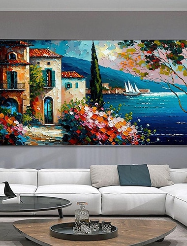  peint à la main paysage méditerranéen peinture à l'huile sur toile impressionniste mer méditerranée peinture toile art texturé peinture côtière art mural peinture pour chambre salon décoration
