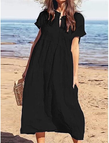  Mulheres Vestido Longo Vestido de turno Vestidos de algodão e linho Vestido casual Vestido de verão de algodão Básico Moderno Diário Final de semana Ajuste Largo Tecido Manga Curta Gola Redonda Preto
