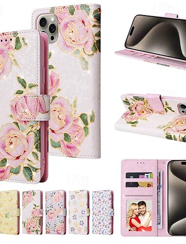  teléfono Funda Para iPhone 16 iPhone 15 Pro Max iPhone 14 13 12 11 Pro Max Mini SE X XR XS Max 8 7 Plus Tarjetas billetera Protector de cuerpo completo con correa de muñeca Caballete flor floral TPU