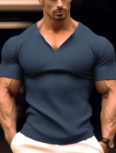  男性用 Tシャツ リブニットTシャツ ティートップ 平織り ピットストリップ Ｖネック ストリート バケーション 半袖 ボタン 衣類 ファッション デザイナー ベーシック