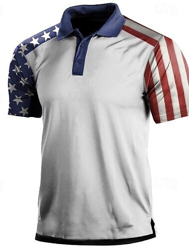  ouku Herren-Poloshirts mit amerikanischer Flagge und Veteranen-Motiv, Golfhemd, kurzärmelige Poloshirts mit Kragen, lässige Streetwear, Urlaubskleidung, Party-Outfits, Knöpfe, 3D-Druck, Weiß & Blau, Schwarz, Weiß