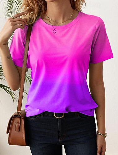 Dames T-Shirt Casual Ombre Ronde Hals Geel Rood Verloop Korte Mouw Zachte Rekbare Dagelijks Zomer Basis Tops
