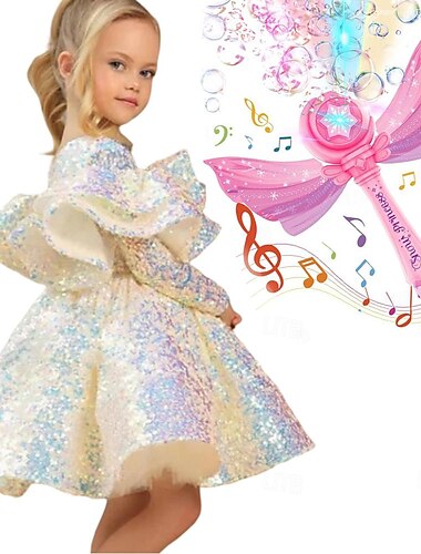  Kleid für Kinder und Mädchen mit elektrischer Seifenblasenmaschine, Partykleid für Kleinkinder, Mädchen, langärmelig, Performance-Mesh, süßes Prinzessinnenkleid, Tüllkleid, Sommer, Frühling, Herbst,