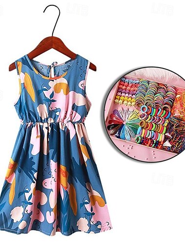  Sommer-Mädchenkleid für Mädchen, Schmetterlings-Blumendruck, Teenager-Partykleid, formelles Prinzessinnenkleid für Kinder, 6–12 Jahre, mit Haar-Accessoires-Kombinationsset
