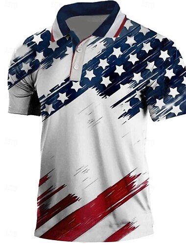  ouku Herren-Poloshirts mit amerikanischer Flagge und Veteranen-Motiv, Golfhemd, kurzärmelige Poloshirts mit Kragen, lässige Streetwear, Urlaubskleidung, Party-Outfits, Knöpfe, 3D-Druck, Weiß & Blau, Schwarz, Weiß