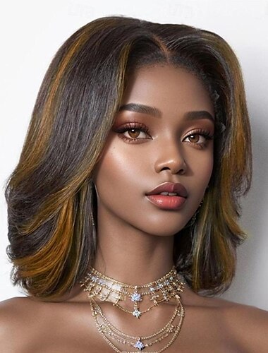  Peluca bob 13x4 pelucas delanteras de encaje de cabello humano para mujeres negras encaje marrón rubio reflejos pelucas pre arrancadas pelucas de densidad 200% cabello humano onda del cuerpo suelto