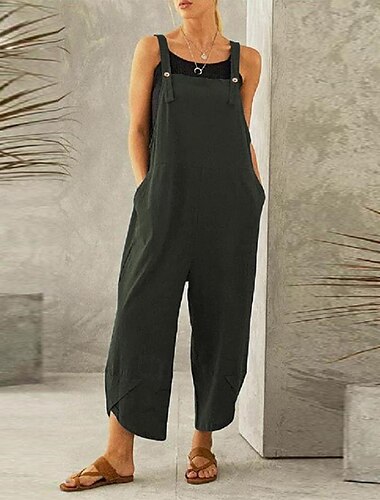  Women's Overall Pocket Solid Color Square Neck Holiday Dailywear Vacation Straight Loose Fit Sleeveless Sleeveless Black Army Green Red S M L Spring