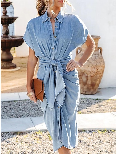  Damen blusenkleid Midikleid B¨¹ro Verabredung Denim Klassisch Hemdkragen mit Schnürung Taste Kurzarm Sommer Frühling Schlank Glatt
