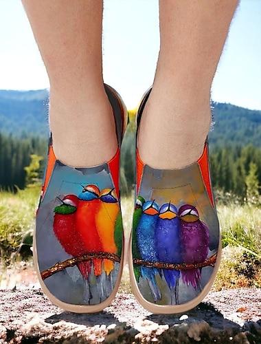  Dame Kondisko Fladsko Slip-Ons Print sko Slip-on sneakers Daglig Rejse Fugl Maleri Flade hæle Ferie Afslappet Komfort Kanvas Hjemmesko Lys Rød Blå Grøn