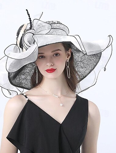  fascinators berretto Copricapo Organza A falda larga Cappello di paglia Cappello da sole Per eventi Tè Spiaggia Corsa di cavalli cocktail Elegante Vintage Con Piume Di pizzo Copricapo Copricapo