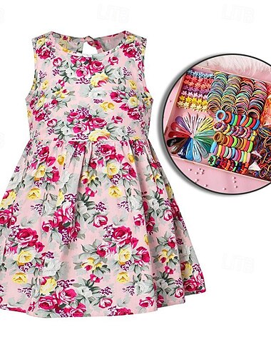  Sommerkleid für Mädchen, ärmelloses bedrucktes Prinzessinnenkleid für Mädchen, Baby, fragmentierte Blume, Kinderkleid mit Haarschmuck-Kombinationsset