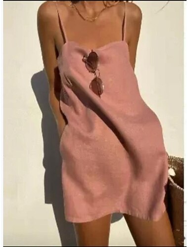  نسائي طبيعي فستان قصير Cotton Blend فستان شيفت فستان خفيف موضة كاجوال بلا أكمام مناسب للبس اليومي عمل مواعدة عادي سهل بدون كم حمالات سباكيتي بدون حمالات أبيض شامبانيا أخضر الصيف الربيع