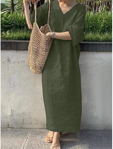  Damen Marineblau Orange Grün Sommer Frühling Maxikleid Leinen-inspirierte Kleider Freizeitkleid Basic Modern Täglich Wochenende Lässiger Schnitt Einfach V Ausschnitt
