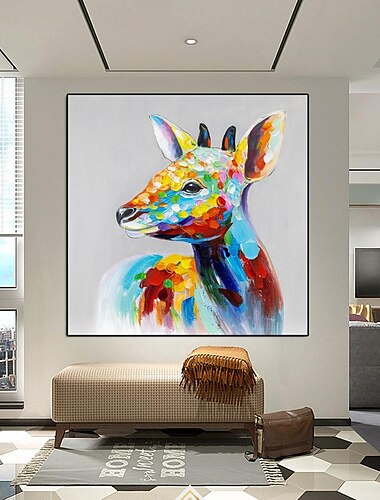  手描きの雄大な鹿のキャンバスペインティングウォールアート - カラフルな抽象的なナイフ動物油絵スタイルのカントリー野生動物アート絵画、家やオフィスの装飾、農家、リビングルームの装飾用