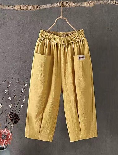  Damen Hose aus Baumwollleinen Hosen Hose Alltagstauglich Wadenlang Einfach Tasche Atmungsaktivität Bequem Unelastisch Ausgehen Wochenende Schwarz Weiß Gelb Blau Frühling & Sommer Normale Passform