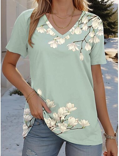  Damen T-Shirt elegant Kurzarm normale Oberteile V-Ausschnitt Home Alltag grün Sommer