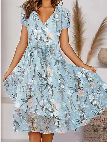  Dame Uformell kjole Kjole med A-linje Blomstret Trykt mønster V-hals Midikjole Feriereise Kortermet Sommer