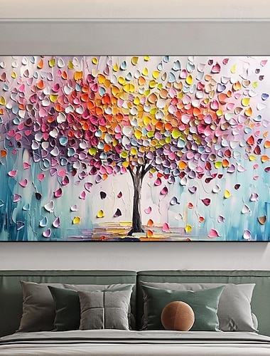  Pintado a mano, colorido árbol de la vida, lienzo, pintura al óleo, imagen de paisaje abstracto, obra de arte, pinturas con cuchillo para sala de estar, decoración de pared del dormitorio sin marco