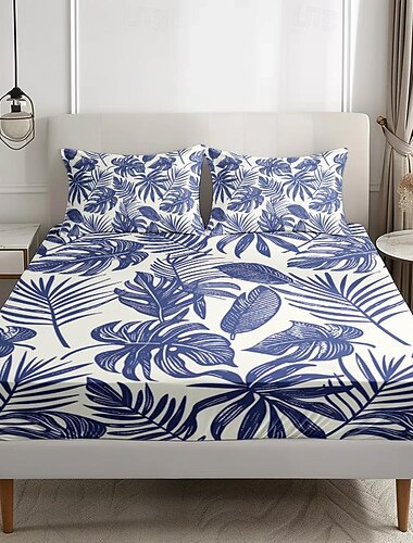  Spannbettlaken-Set mit Blätter-Frühlingsmuster, 100 % Baumwolle, ultraweich, atmungsaktiv, seidig, Bettwäsche mit tiefen Taschen, 3-teilig, Queen-Size-Größe