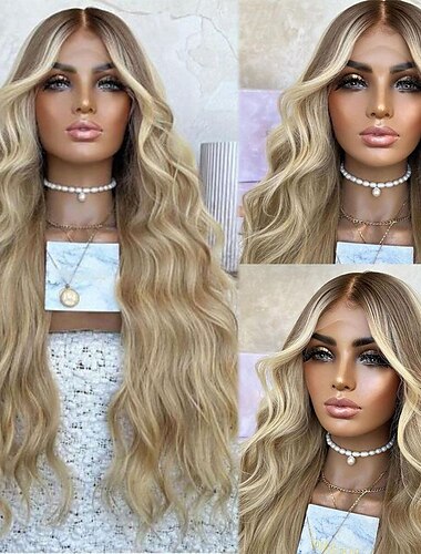  Pelo humano remy Peluca delantera de encaje 13x4 Cabello brasileño Ondulado Peluca rubia Parte media Densidad 130% Cabello resaltado / balayage Entradas naturales Pre-arrancado para mujeres Peluca
