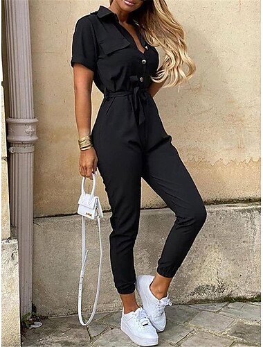  Damen Normal Jumpsuit Strassenmode Feste Farbe Kurzarm Hemdkragen Tasche Kordelzug Strasse Täglich Regular Fit Schwarz Weiß Wein Sommer