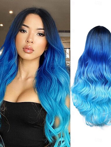  Long Blue Wavy Wigs for Women Ombre Blue Body Wave Mermaid Hair Wigs Long Curly Synthetic Hair for Daily or Cosplay Halloween Wigs