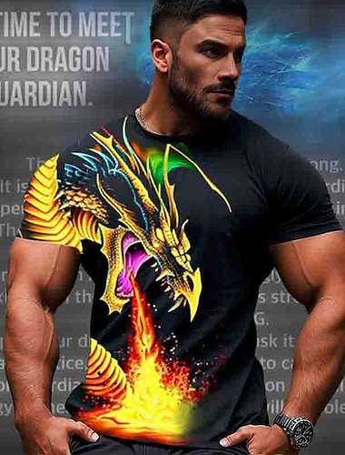  ドラゴンガーディアン×ルー |メンズ メンズ ファイアードラゴン 神話上の生き物 ダークスタイル ストリートウェア Tシャツ 半袖