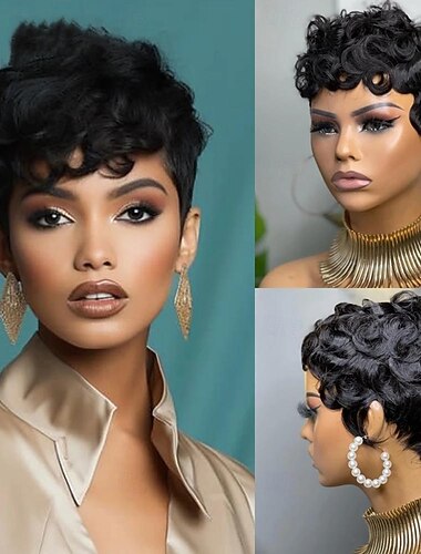  Perruque de cheveux humains remy coupe lutin bouclée courte prête à porter couleur noire vague d'eau bob pleine machine faite perruques avec frange
