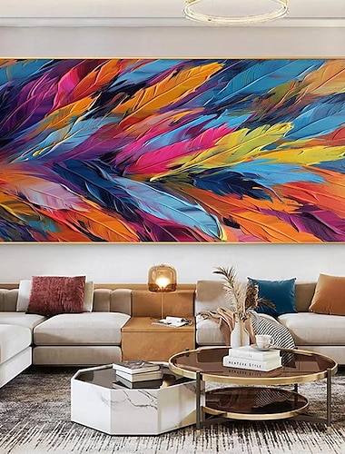  Pintura al óleo de plumas coloridas, pintura en lienzo hecha a mano, pintura de arte moderno abstracto pintado a mano, pintura de pared, decoración de pared para sala de estar, arte de pared con