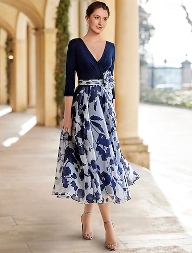  A-Line Mother of the Bride Dress Floral dress Formal Wedding Guest Elegant V Neck Ankle Length Chiffon Stretch Fabric 3/4 Length Sleeve with Blue Flower Dress  2024