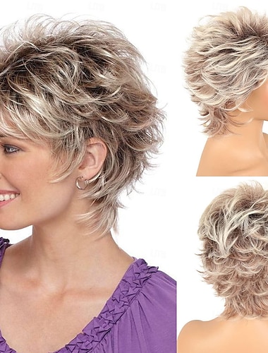  Short Blonde Pixie Cut Wigs with Bangs for White Women,Brown Ombre Blonde Wig Synthetic Wavy Curly Hair Wigs Mixed Brown Wigs Layered Natural Fluffy Heat Resistant