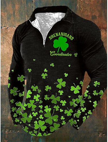  St.Patrick's Day Herren-Poloshirt mit Reißverschluss, Poloshirt, Golfshirt, Saint Patrick's Day, St. Patrick's Day. Patrick's Day Clover Turndown schwarz weiß grün Outdoor Straße Langarm
