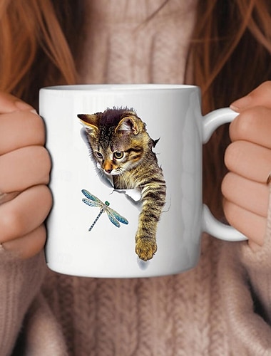 3d-utskrift kattungar hål i en väggmugg, keramisk kaffe kattmugg 3d nyhet kattmuggar kattälskare kaffemugg kattklubbkopp vit keramisk mugg presenter för män kvinnor